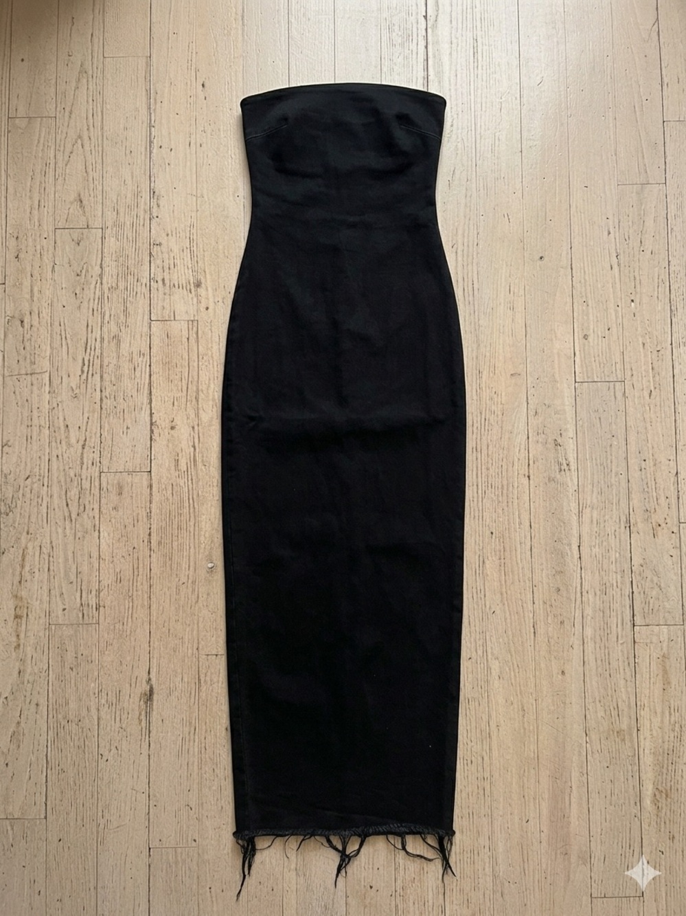 ZARA Black Denim Strapless Strapless Maxi Dress Size XS Raw Hem Bodycon